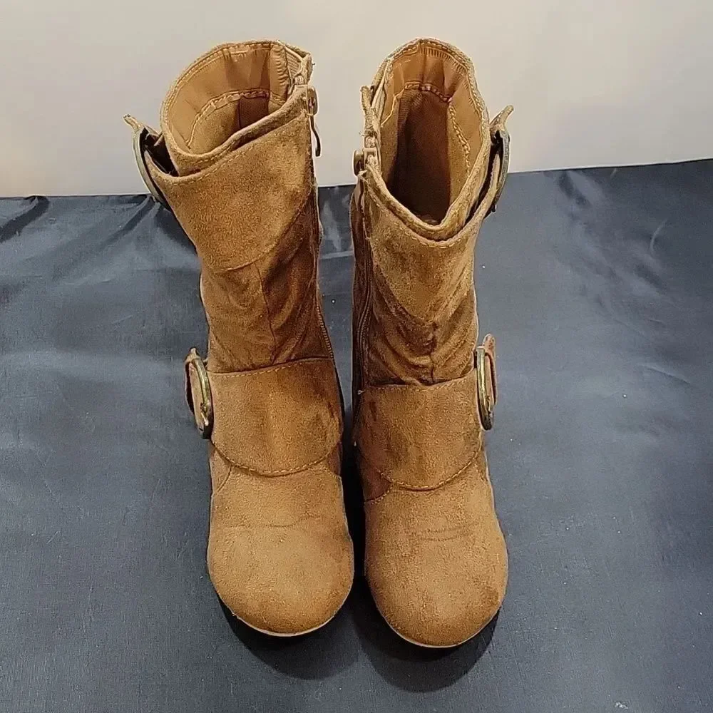 LINK ZIPPER BUCKLE SLOUCH CASUAL FLAT HEEL MID CALF ROUND TOE BOOTIES